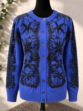 Sale! Vintage Kitty Hawk Vivian Wang Wool Blend Beaded Embroidered Cardigan L